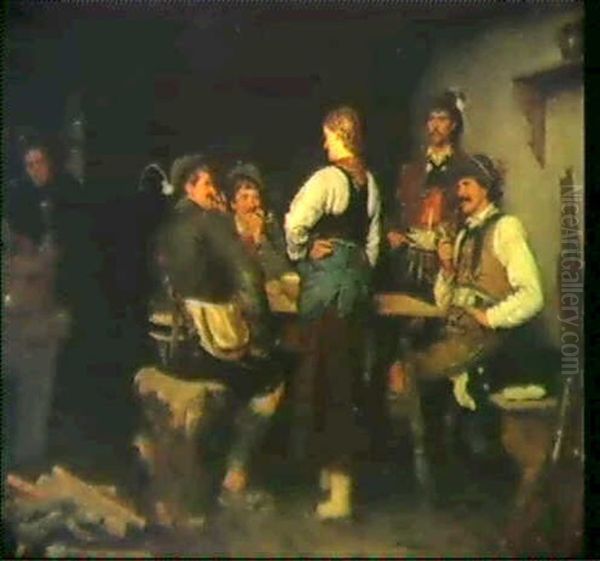 Wilderer In Der Sennhutte In Frohlichem Gesprach Mit Der    Jungen Sennerin Oil Painting by Franz Von Defregger