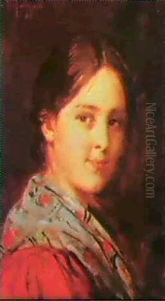 Portrait Of A Young Girl Wearing A Scarf Oil Painting by Franz Von Defregger