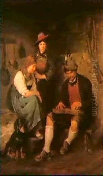 Der Zitherspieler Sitzt In Derbauernkuche Und Zwei Dirndl   Lauschen Seiner Musik Oil Painting by Franz Von Defregger