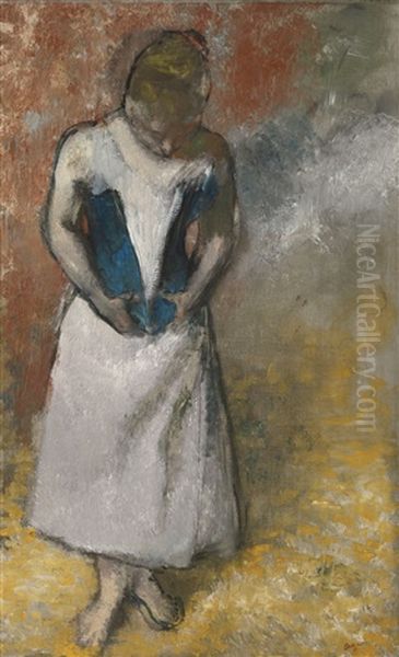 Femme Debout Et Vue De Face Agrafant Son Corset Oil Painting by Edgar Degas