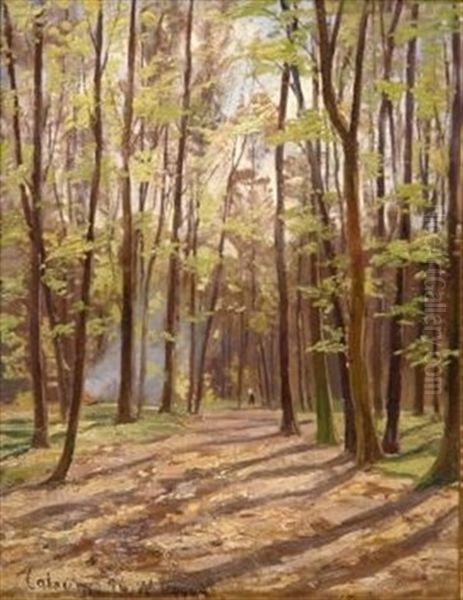 Blick In Den Kalkumer Wald. Im Hintergrund Ein Forster Bei Einem Lagerfeuer Oil Painting by Wilhelm Degode