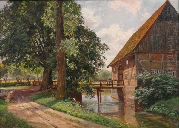 Sommertag Auf Dem Lande. Blick Auf Ein Von Kleinem Bachlauf Umspultes Fachwerkgehoft Oil Painting by Wilhelm Degode