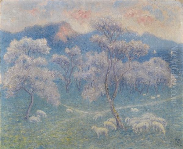 Moutons Aux Amandiers Oil Painting by William Degouve de Nuncques