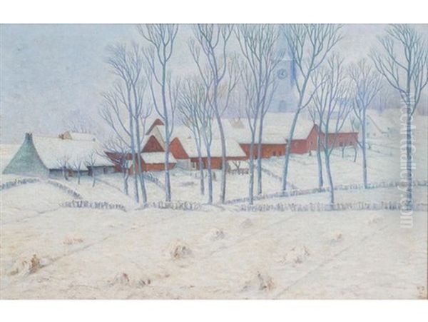 Snowy Village Scene With Church Oil Painting by William Degouve de Nuncques