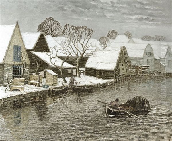 Vue A Broek Op Waterland En Hiver Oil Painting by William Degouve de Nuncques