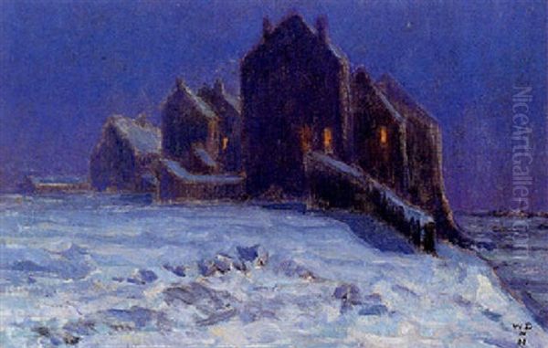 A Village In The Snow Oil Painting by William Degouve de Nuncques