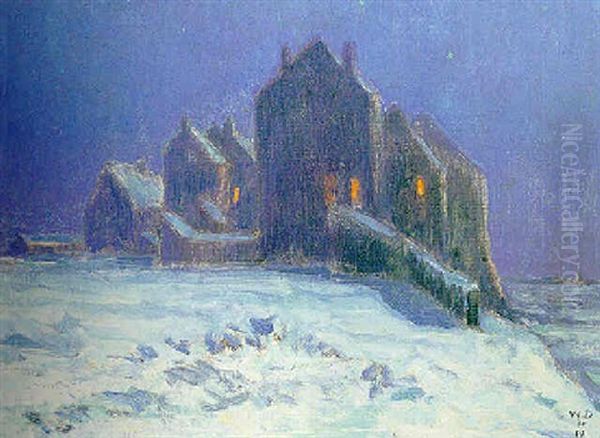 A Village In The Snow Oil Painting by William Degouve de Nuncques