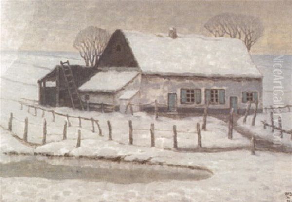 Maison Sous La Neige Oil Painting by William Degouve de Nuncques