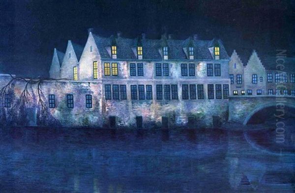 La Nuit A Bruges Oil Painting by William Degouve de Nuncques