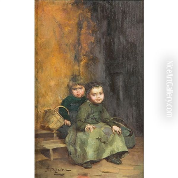 Enfants Sur Un Banc Oil Painting by Jules-Alex Patrouillard Degrave