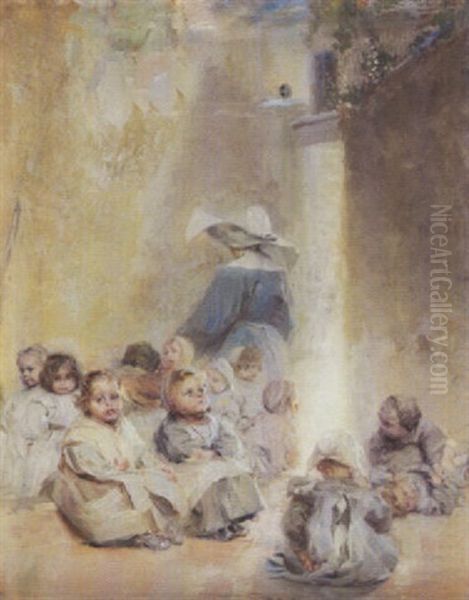 A Group Of Young Children (awaiting Their Lesson) Oil Painting by Jules-Alex Patrouillard Degrave