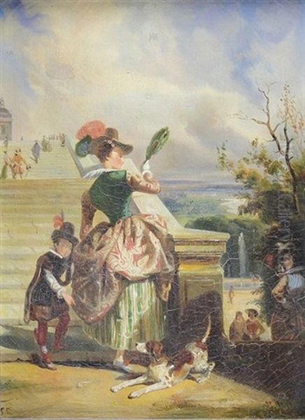 Dame De Cour Et Son Page Gravissant L'escalier Du Pavillon Henri Iv A Saint-germain-en-laye Oil Painting by Jules Jean Baptiste Dehaussy