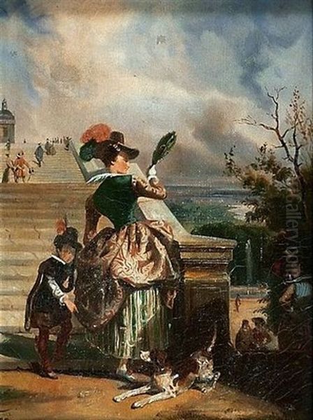 Dame De Cour Et Son Page Gravissant Les Escaliers Du Pavillon Henri Iv A Saint-germain-en-laye Oil Painting by Jules Jean Baptiste Dehaussy