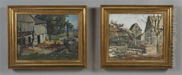 Farm House; Barn Yard (pair) Oil Painting by Franklin DeHaven