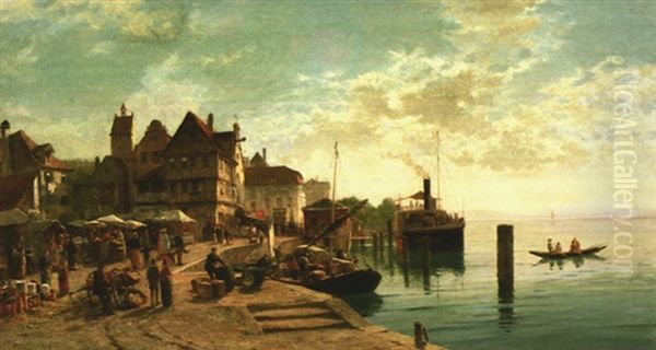 Blick Auf Das Alte Buchhorn Mit Angelegtem Schiff Und Markttreiben Am Ufer Oil Painting by Georg Dehn