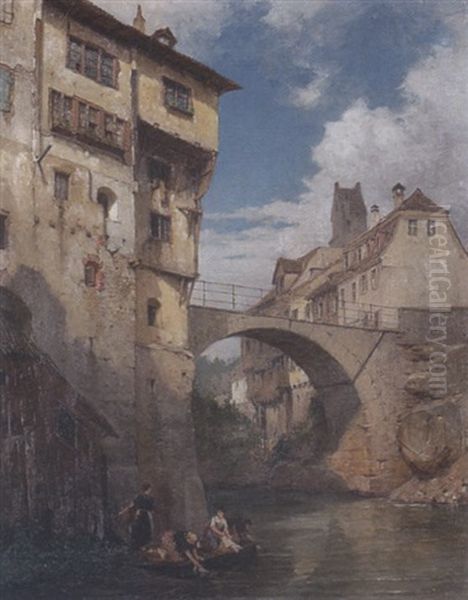 Wascherinnen Unter Einer Brucke Oil Painting by Georg Dehn