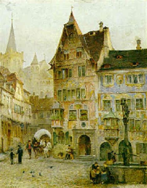 Marktplatz Mit Spaetmittelalterlichen Haeusern Oil Painting by Georg Dehn