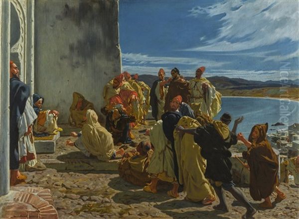 An Audience Outside The Kasbah Gate, Tangiers Oil Painting by Edme Alexis Alfred Dehodencq