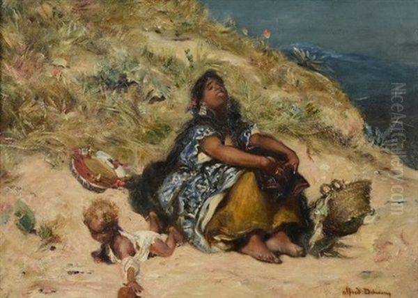 Femme Berbere Avec Enfant Jouant Sur La Plage Oil Painting by Edme Alexis Alfred Dehodencq