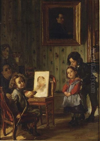 Interieur, La Famille Du Peintre (+ La Mere De L'artiste, Pencil; 2 Works) Oil Painting by Edme Alexis Alfred Dehodencq