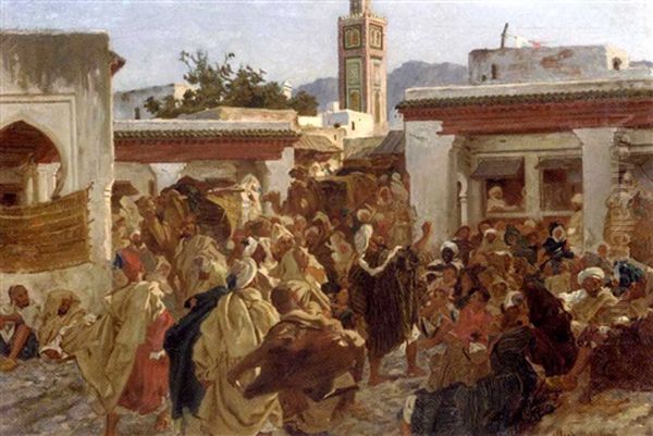 Moroccan Street Scene (study For Le Conteur Marocain) Oil Painting by Edme Alexis Alfred Dehodencq