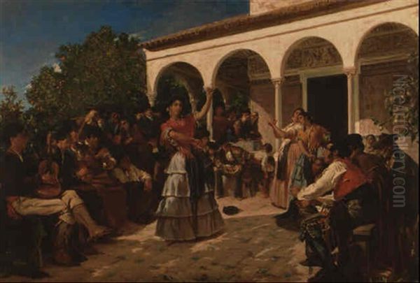 Un Baile De Gitanos En Los Jardines Del Alcazar. . . Oil Painting by Edme Alexis Alfred Dehodencq