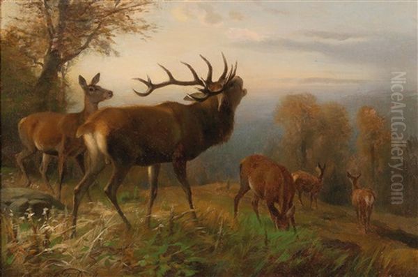 Herd Of Red Deer Oil Painting by Carl Friedrich Deiker