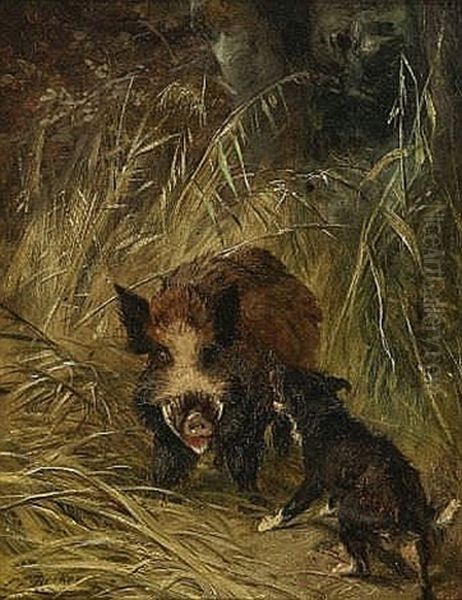 Jagdhund Stellt Einen Keiler Oil Painting by Carl Friedrich Deiker