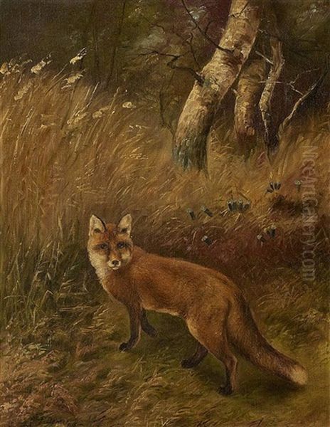 A Creeping Fox Oil Painting by Carl Friedrich Deiker