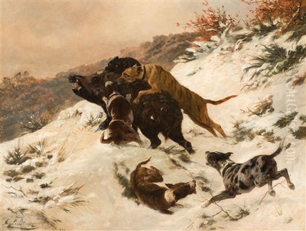 Winter Landscape With Hounds And Boar Oil Painting by Carl Friedrich Deiker