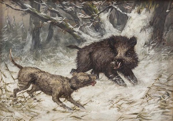 Im Winterwald Stellt Ein Jagdhund Ein Wildschwein Oil Painting by Carl Friedrich Deiker