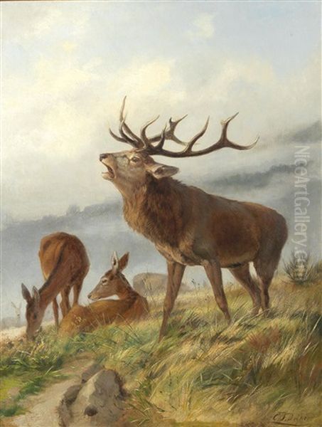 Bellowing Stag With Hinds Oil Painting by Carl Friedrich Deiker