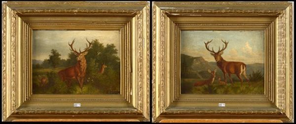 Cerfs Et Biches En Clairiere (2 Works) Oil Painting by Carl Friedrich Deiker