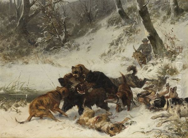 Wildschweinjagd Oil Painting by Carl Friedrich Deiker