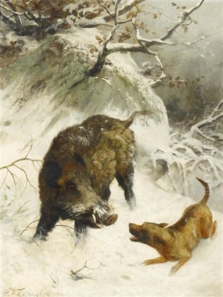 Jagdhund Und Wildschwein Oil Painting by Carl Friedrich Deiker