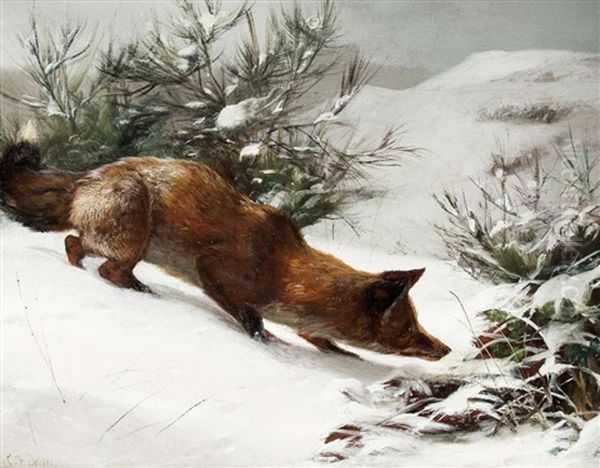 Fuchs Auf Kaninchenjagd Oil Painting by Carl Friedrich Deiker