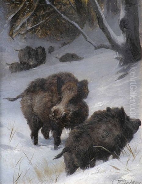 Wildschweinrudel In Winterlicher Waldlandschaft Oil Painting by Carl Friedrich Deiker