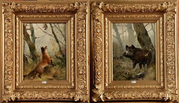 Sanglier Et Renard (pair) Oil Painting by Carl Friedrich Deiker