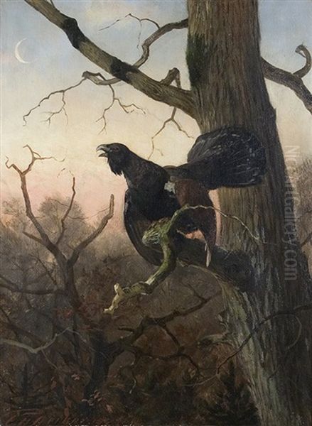 Wood Grouse In The Moonlight Oil Painting by Carl Friedrich Deiker