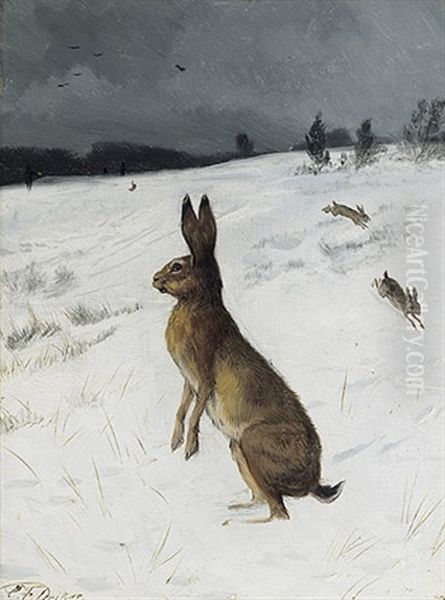 Hasen Auf Verschneitem Feld Oil Painting by Carl Friedrich Deiker