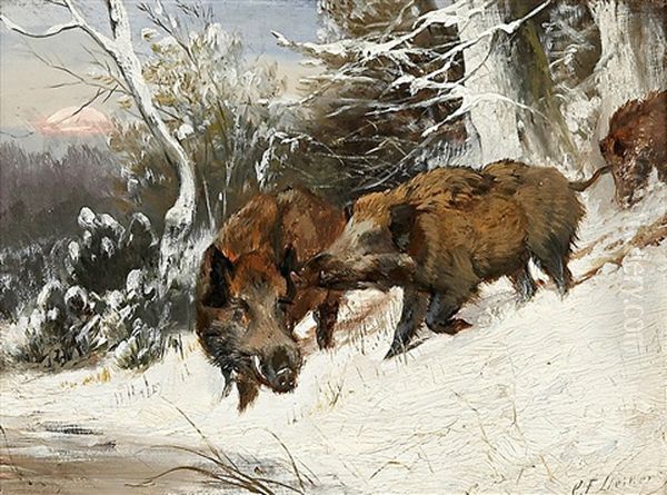 Wildschweine Oil Painting by Carl Friedrich Deiker