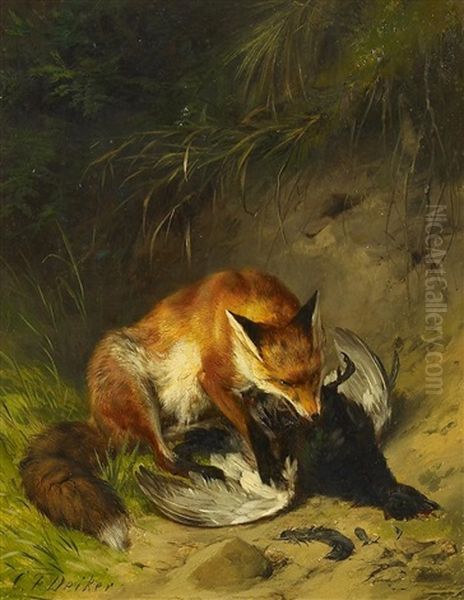 Fuchs Mit Erlegtem Auerhahn Oil Painting by Carl Friedrich Deiker