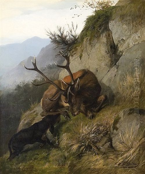 Stag-hunting Oil Painting by Carl Friedrich Deiker