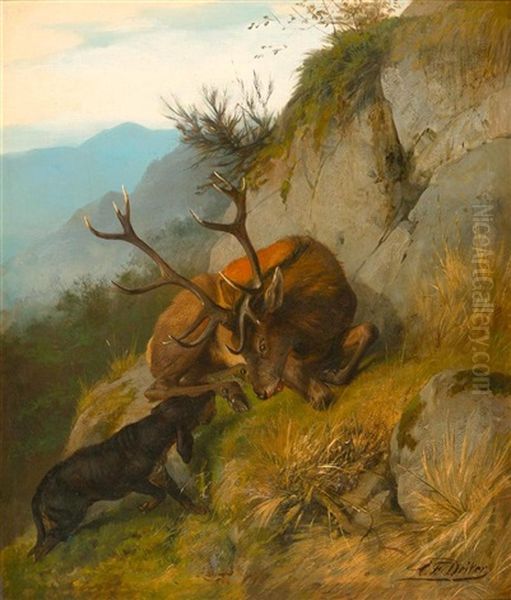 Hirsch Mit Hund Im Gebirge Oil Painting by Carl Friedrich Deiker