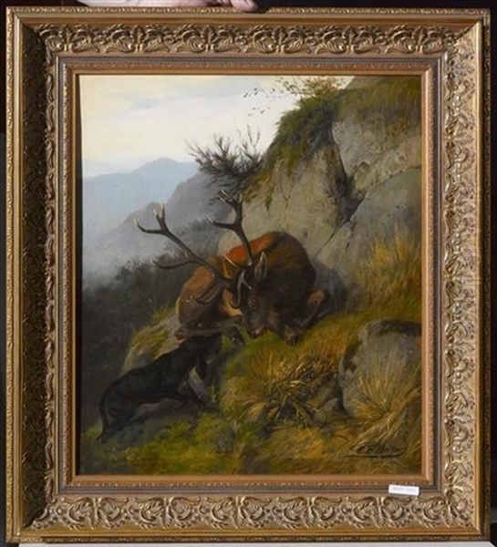 Hirsch Mit Hund Im Gebirge Oil Painting by Carl Friedrich Deiker