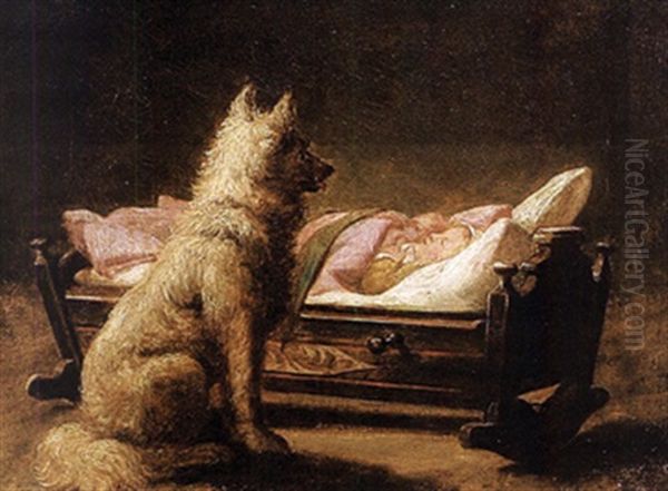 Ein Hund Bewacht Ein Schlafendes Kind In Der Wiege Oil Painting by Carl Friedrich Deiker