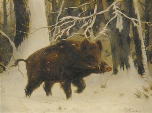 Wildschwein Im Winterwald Oil Painting by Carl Friedrich Deiker