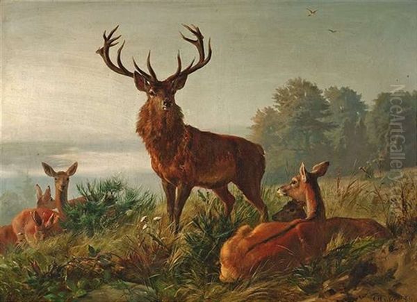 Auf Einer Anhohe Stehender Hirsch, Umgeben Von Lagernden Rehen Oil Painting by Carl Friedrich Deiker