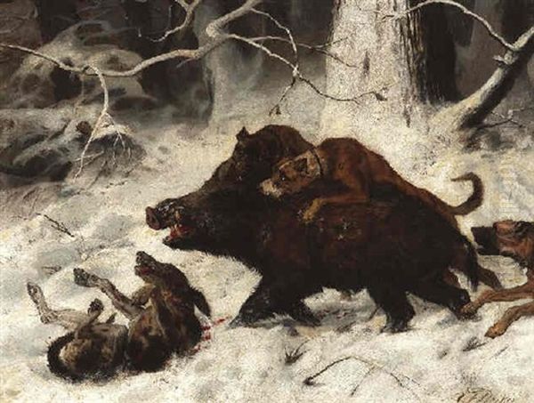 Wildschweinhatz Im Schnee Oil Painting by Carl Friedrich Deiker