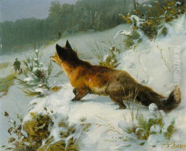 Winterlandschaft Mit Einem Fuchs Oil Painting by Carl Friedrich Deiker